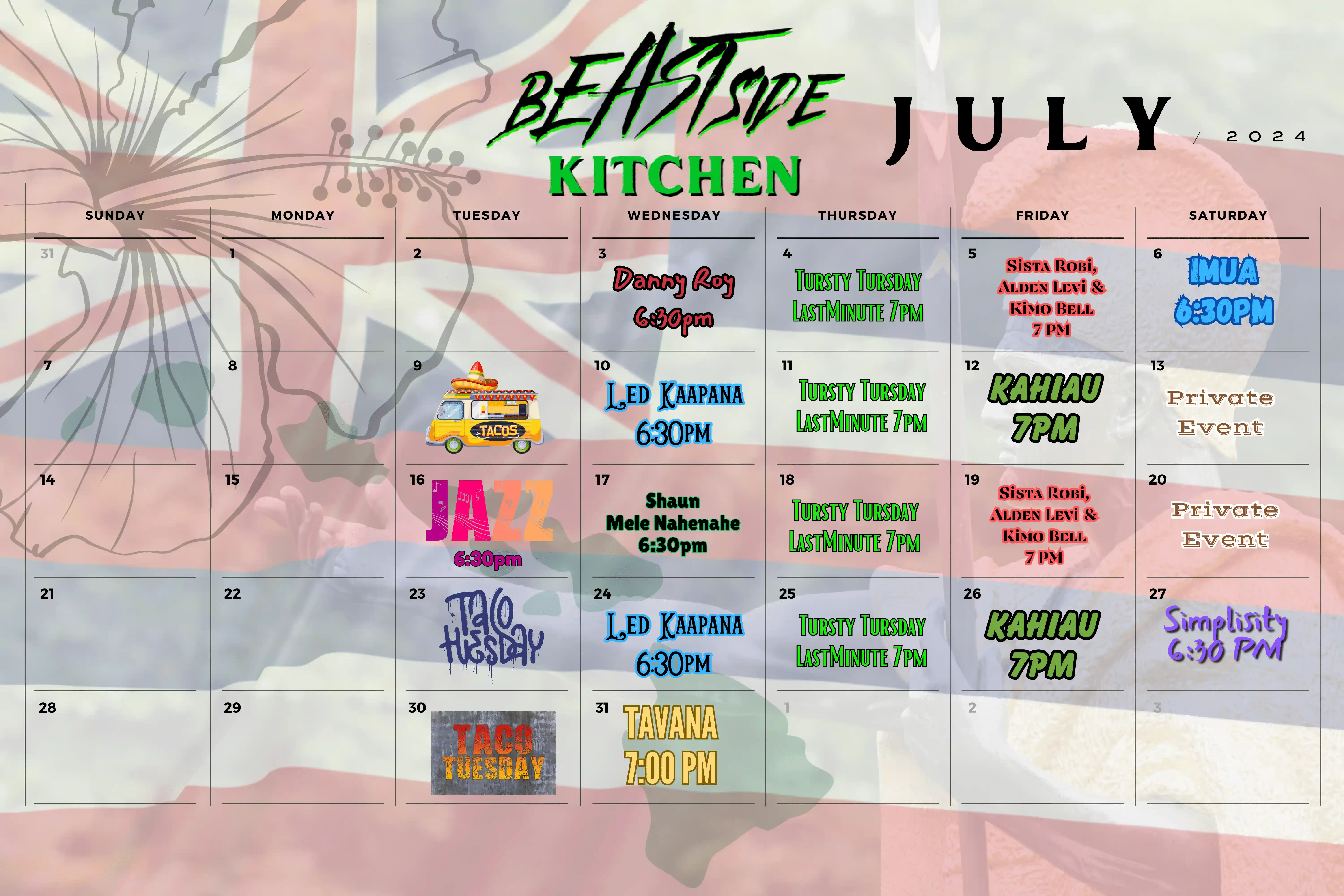 bEASTside Monthly Mele Line-Up Calendar